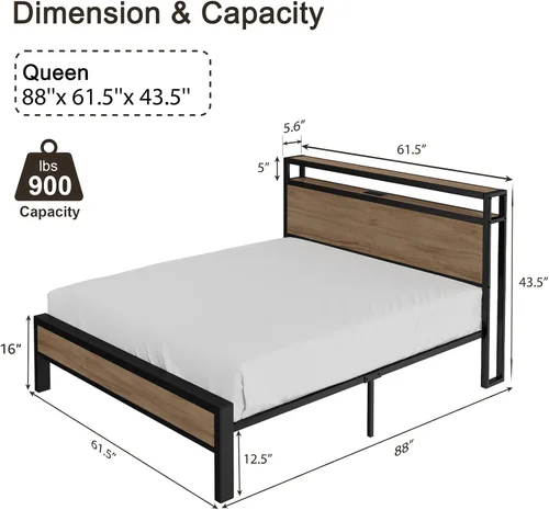 Miniatura 2 de LUXOAK Marco de cama tamaño Queen, marco de cama de plataforma con cabecera de almacenamiento de 2 niveles y estación de carga, no necesita somier