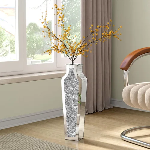 Miniatura 11 de SHYFOY Jarrón de piso de diamante triturado azul, grandes jarrones altos con espejo para piso, modernos jarrones decorativos de vidrio para sala