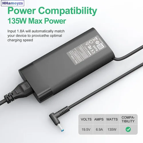 Miniatura 4 de Cargador para portátil de 135 W compatible con HP Spectre x360 15 15T 16, Pavilion Gaming 15 16 17 15-ec0751ms, Omen 15 G5 G6 17 Envy 13 14 15 16