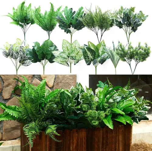 Miniatura 13 de PARTY JOY 17 racimos de plantas falsas para exteriores, arbustos falsos resistentes a los rayos UV, flores artificiales verdes, arbustos