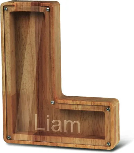 Alcancía con nombre personalizado, 26 letras láser con texto personalizado, banco de monedas de madera, significado educativo, alcancía con nombre