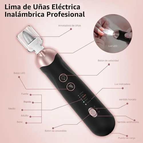 Miniatura 8 de Kit profesional de manicura y pedicura, juego de limas eléctricas inalámbricas, herramientas de pedicura recargables para pies, 5 velocidades