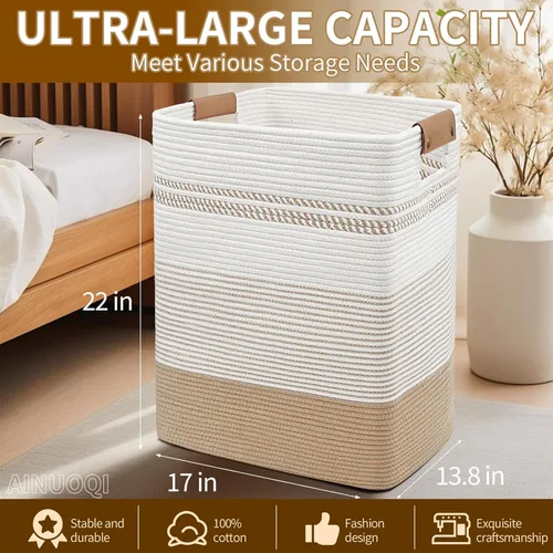 Miniatura 2 de AINUOQI Cesta de Ropa Sucia Grande Cesta de Lavandería con Asas de Cuero, Cesta de Almacenamiento Decorativa de Cuerda de Algodón Tejida para Yute