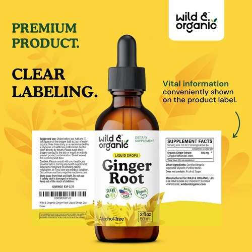 Miniatura 9 de Wild & Organic Gotas líquidas de extracto de jengibre, apoyo inmunológico y digestivo, suplemento líquido de raíz de jengibre, tintura vegana, sin