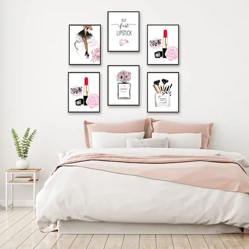 Miniatura 7 de HoozGee Juego de 6 impresiones artísticas de pared de moda, perfumes, pintalabios, pinturas de lienzo, pósteres de decoración de habitación de niñas