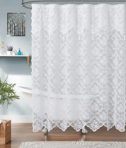 ASATEX Cortina de ducha de encaje blanco. Cortina de baño de diseño floral clásico de 72 x 72 pulgadas con cenefa adjunta y borlas. Cortinas de