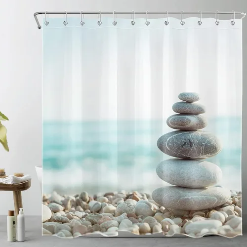 Miniatura 19 de LB Cortina de ducha asiática de piedra zen, cortina de ducha japonesa para baño, cortinas de baño de tela negra de 48 x 72 pulgadas con ganchos