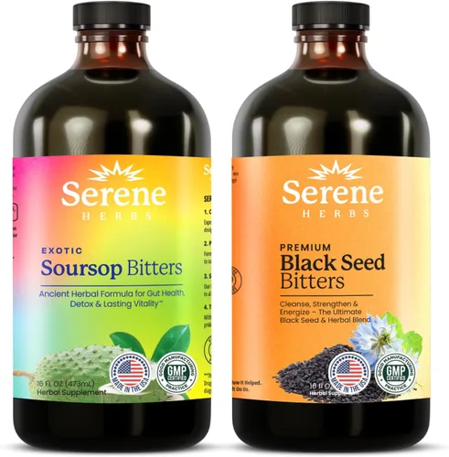Serene Herbs Paquete de líquido amargo de guanábana y semillas negras – Guanábana herbal orgánica para apoyo digestivo y salud inmunológica –