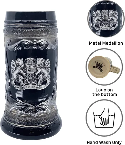 Miniatura 2 de OktoberfestHaus - Taza de cerveza con escudo de armas del Bayern alemán, escudo de armas Bier Krug con emblema de metal en jarra de cerámica negra
