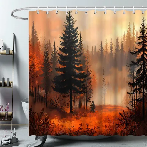 Miniatura 4 de Cortina de ducha de árbol del bosque otoñal, Halloween, bosque brumoso, pino, montaña, niebla, selva, terror, otoño, país de las maravillas, juego
