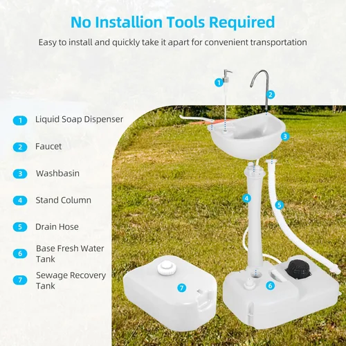 Miniatura 4 de Fregadero portátil para acampar, estación de lavado de manos, soporte de lavabo de 20 litros con ruedas rodantes, dispensador de jabón, soporte