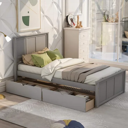 Miniatura 9 de P PURLOVE Cama de plataforma de tamaño individual con nido, marco de cama nido de madera con cabecera y soporte de listones, no necesita somier