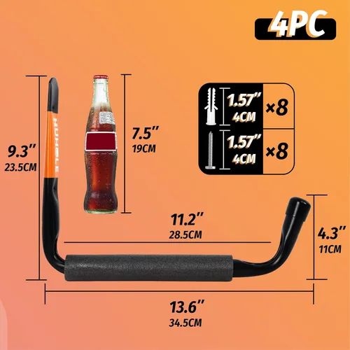 Miniatura 2 de HUHOLE Paquete de 4 ganchos de almacenamiento de garaje resistentes, ganchos de montaje en pared extra grandes de 13.6 pulgadas para kayak