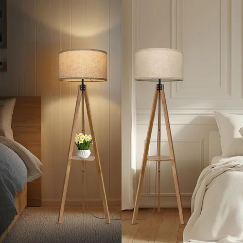 Miniatura 6 de EOEYYOYB Lámparas de pie para sala de estar, lámpara de pie moderna con estante, bombilla LED de 3 temperaturas de color, lámparas altas con Madera