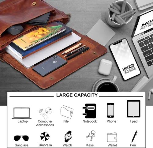 Miniatura 3 de Bolso de mensajero de cuero real para hombres y mujeres Maletín para laptop para oficina universidad correa de hombro ajustable