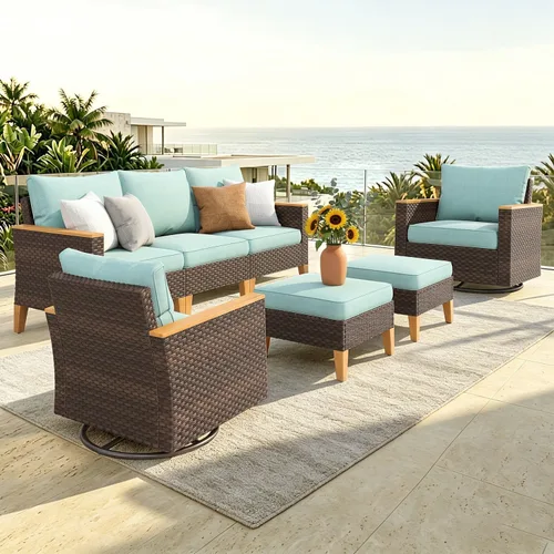 Miniatura 27 de PHI VILLA Otomana de mimbre para patio, 2 piezas, asiento otomano de mimbre para todo tipo de clima, reposapiés para exteriores con cojines