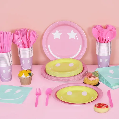 Miniatura 5 de durony 254 piezas de decoración de fiesta de cara sonriente pastel pastel sonriente platos de papel servilletas, tazas, tenedores, cuchillos