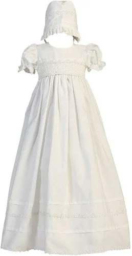 Girls White Cotton Christening Gown with Bonnet Set - Baby or Infant Girls Christening Dress