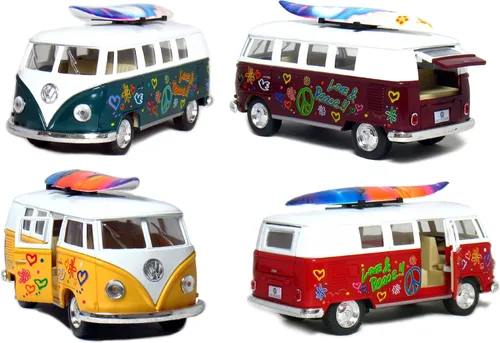 KiNSMART Volkswagen Classic Bus 1962 escala 1:32 de 5 pulgadas, modelo de metal fundido a presión, acción de retroceso (4 juegos de tabla de surf