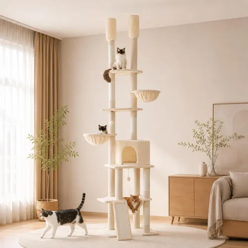 Miniatura 11 de PAWZ Road Árbol Gótico para Gatos, Torre para Gatos de Piso a Techo con Altura Ajustable (86.8-120 Pulgadas), Condominio Negro de 5 Niveles