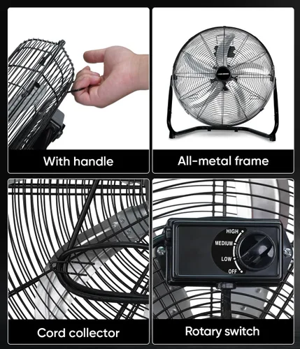 Miniatura 7 de KEN BROWN Ventilador de piso de alta velocidad de 20 pulgadas, ventilador de caja de 5 cuchillas de aluminio con 3 velocidades, 4650 CFM