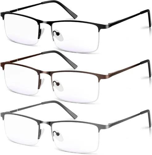 Paquete de 3 lentes de lectura con bloqueo de luz azul para hombres, elegantes lectores de computadora de metal de medio marco, anteojos ligeros con
