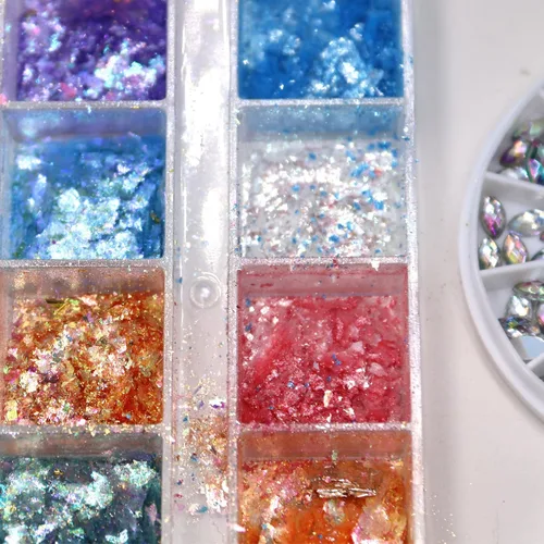 Miniatura 3 de Brillantina holográfica para uñas, 12 rejillas, ópalo con purpurina en polvo, dijes de uñas, piedras de sirena, lentejuelas iridiscentes, escamas
