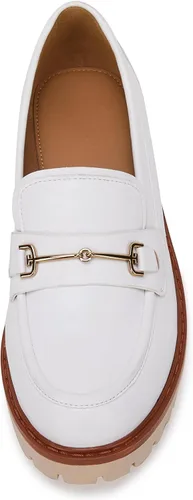 Miniatura 4 de VETASTE Mocasines clásicos de tacón grueso con plataforma y suela de lengüeta para mujer, con puntera redonda, zapatos Oxford con cadena de metal