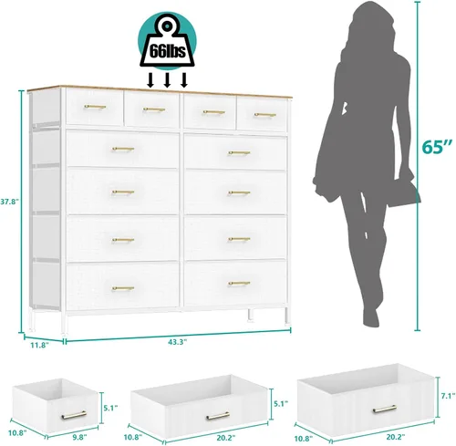 Miniatura 3 de VASICAR Cómoda blanca para dormitorio con 12 cajones profundos, cómoda ancha, soporte de TV de 55 pulgadas con parte superior de madera retro, Top