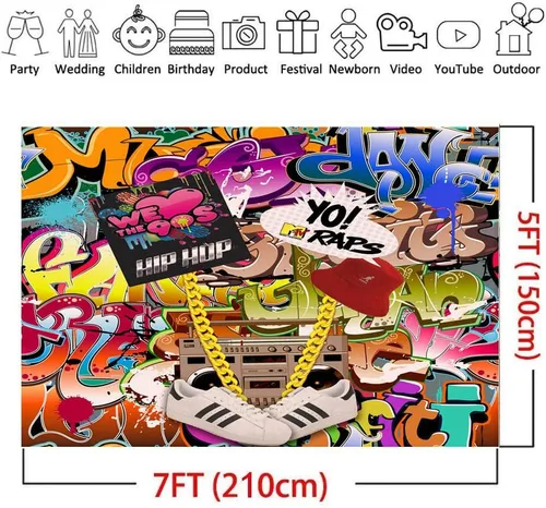 Miniatura 4 de Qian Fondos de fotografía con tema de graffiti de hip hop de 7 x 5 pies, decoración de fiesta de los años 80 y 90, accesorios de estudio