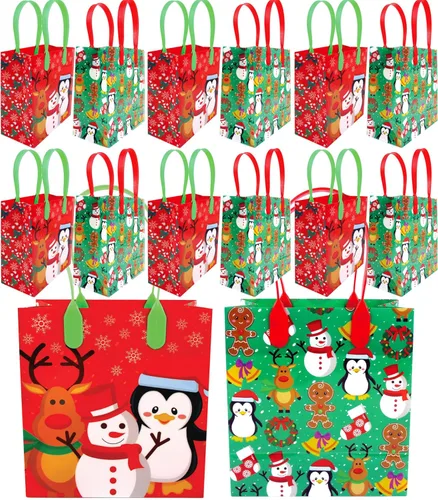 TINYMILLS Paquete de 12 bolsas de regalo de fiesta de Navidad con asas, bolsas de plástico resistentes para vacaciones y truco o trato