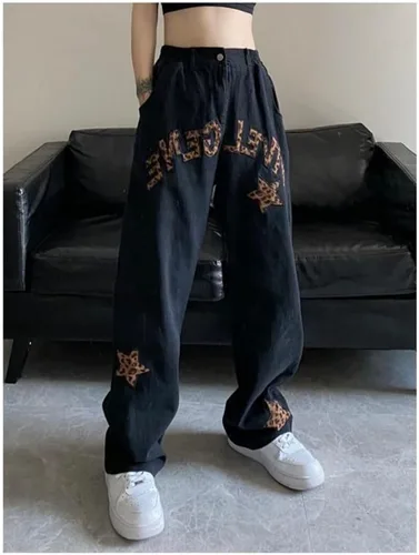 Miniatura 2 de Harajuku - Jeans de leopardo con estampado de letras, góticos, sueltos, de calle alta, rectos, hip hop