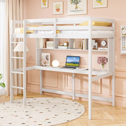 Miniatura 8 de Giantex Cama alta individual con escritorio y estantería, marco de cama alta de madera maciza con barandillas de seguridad y escalera, marco de cama