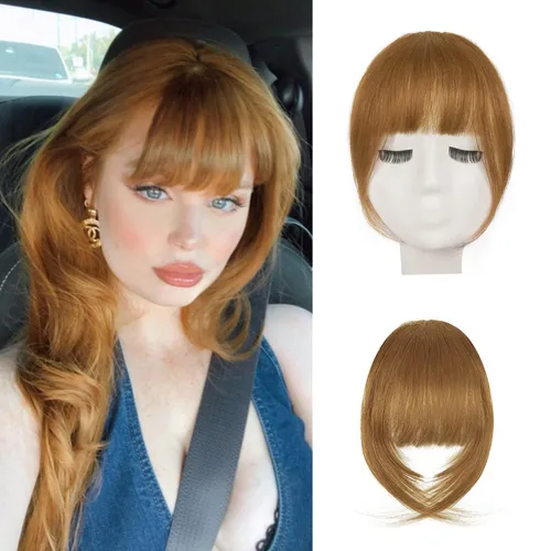 Miniatura 21 de BARSDAR Flequillo postizo de pelo humano real - Flequillo postizo 100% pelo humano para mujeres - Extensiones de flequillo ondulado castaño rojizo