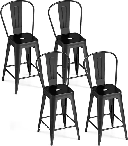 Miniatura 20 de COSTWAY Juego de 4 taburetes de bar de metal, con respaldo extraíble, taburetes de altura de mostrador de 24 pulgadas con patas de goma, sillas
