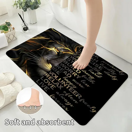 Miniatura 5 de Juego de cortina de ducha de león negro y dorado de 4 piezas con alfombras y cubierta para tapa de inodoro, citas inspiradoras, tela impermeable