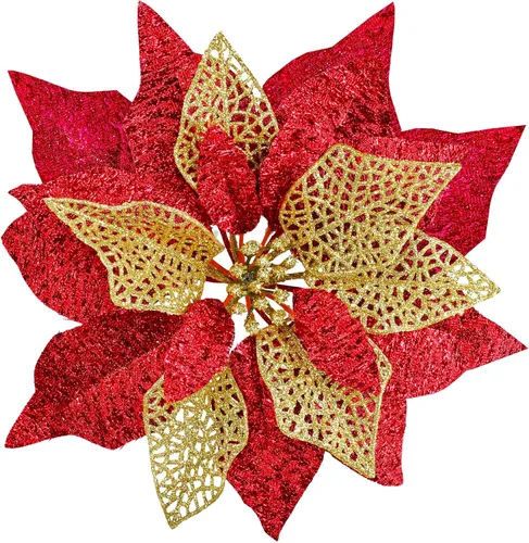 Miniatura 10 de Juego de 14 flores de Pascua de 8.7 pulgadas de ancho, 4 capas de flores de pascua con purpurina azul para árbol de Navidad, coronas, guirnaldas