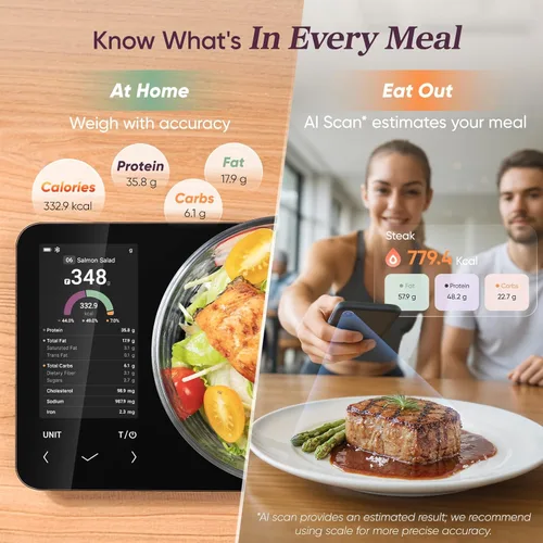 Miniatura 4 de Báscula inteligente de cocina para alimentos Cosori con calculadora nutricional, aplicación gratuita para escaneo de IA, seguimiento de calorías