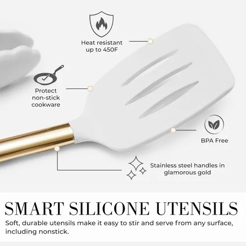 Miniatura 8 de Juego de utensilios de cocina de silicona blanca y dorada con soporte dorado para utensilios – 7 piezas de silicona – Ideal para utensilios