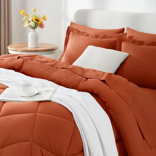Miniatura 9 de CozyLux Juego de edredón tamaño King, color naranja quemado, toda la ropa de cama en una sola bolsa, 7 piezas: edredón, fundas de almohada