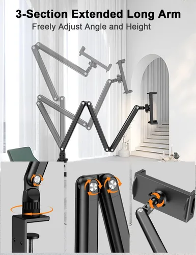 Miniatura 2 de Yumecamp - Soporte para tablet de triple brazo, soporte de aluminio resistente para iPad con abrazadera de escritorio, soporte giratorio de 360°