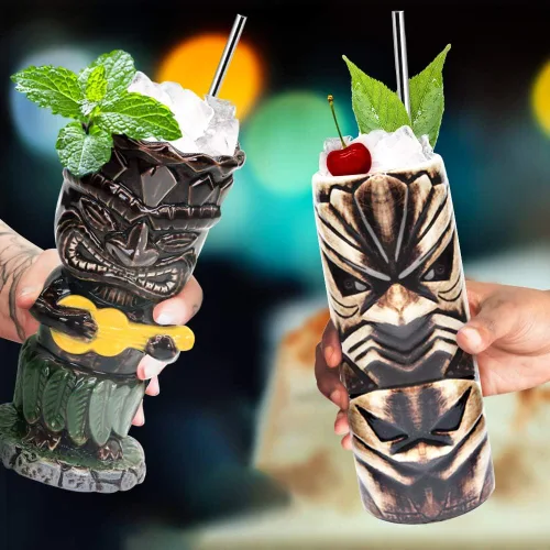 Miniatura 5 de SuproBarware Tiki - Juego de 4 tazas de cerámica hawaiana para fiesta, tazas grandes de fiesta Tiki para cócteles, bebidas tropicales de bar