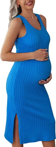 Ekouaer Vestido de maternidad para mujer, de punto acanalado, sin mangas, con abertura lateral, vestido ajustado para embarazo, tallas S-XXL
