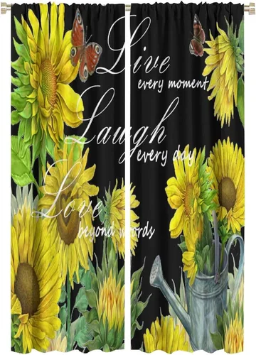 Miniatura 30 de Cortinas opacas con diseño de girasol, rústico, con diseño de girasol, mariposa, verde, amarillo, negro, para niñas, mujeres, dormitorio, sala