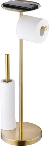 Soporte de rollo de papel higiénico de pie con reserva de almacenamiento, Soporte de papel higiénico dorado cepillado con estante, Soporte de piso