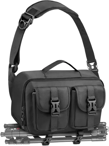 Miniatura 8 de Bolso bandolera para cámara TAAOKA, bolsa para cámara DSLR con soporte para trípode, bolsa de hombro impermeable para fotógrafos (Beige)