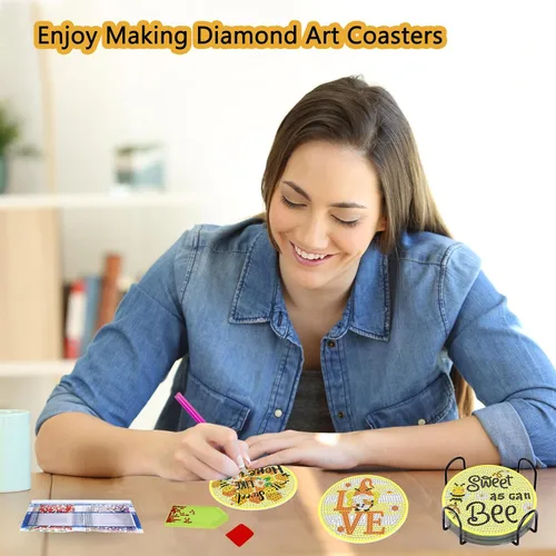 Miniatura 3 de TDOOW Posavasos de arte de diamante, 8 piezas de posavasos de pintura de diamante, kit de arte de diamantes de abeja para adultos, regalo