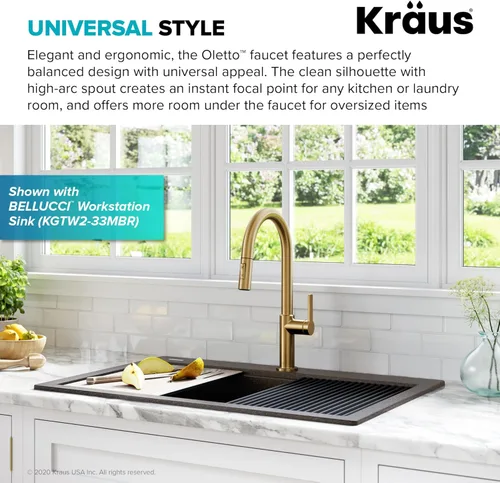 Miniatura 2 de KRAUS Oletto Grifo de Cocina de Una Sola Manija con Rociador Extraíble en Latón Cepillado Sin Manchas, KPF-2820BB Bronce cepillado