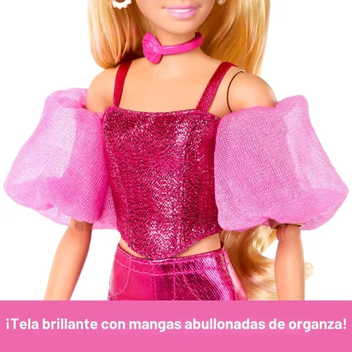 Miniatura 3 de Muñeca Barbie Deluxe Estilo #5 en atuendo rosa metálico, cabello rubio, corsé brillante y pantalones brillantes con accesorios como collar de rosas