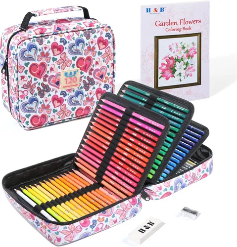 H & B Juego de 120 lápices de colores de núcleo suave, libro de colorear y bolsa de almacenamiento portátil para pintar, suministros de arte, regalo